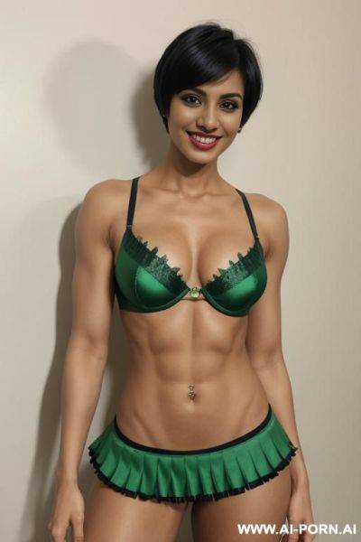 Indian, fit, abs, muscles, navel piercing, green bra, green frilly skirt, tall, looking at camera, full body, stiletto - ai-porn.ai - India on pornintellect.com