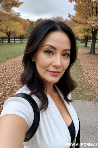 Autumn weather outside middle-aged lady making selfies - ai-porn.ai on pornintellect.com