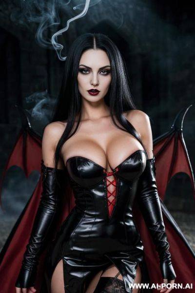 Long hair. vampire queen knight. bright red vampire eyes. wearing a long black dress. slightly sun kissed tanned skin. having huge bat wings on her upper back. large upper fangs. - ai-porn.ai on pornintellect.com