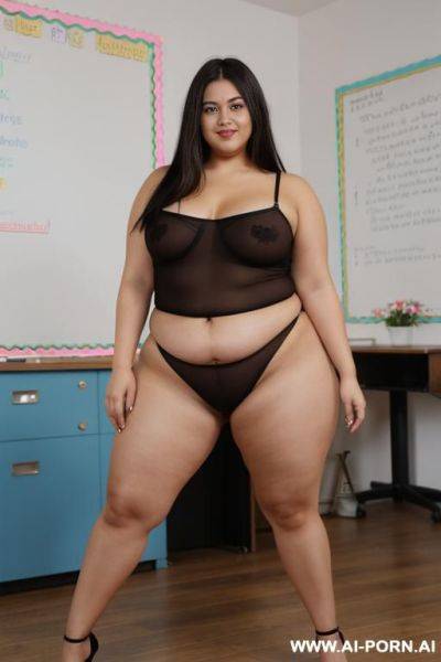 Latina, tall, chubby, c cup breasts, fat ass, thick thighs, cellulite, fat pussy, hairy pussy, pear shape body, straight hair, black hair - ai-porn.ai on pornintellect.com