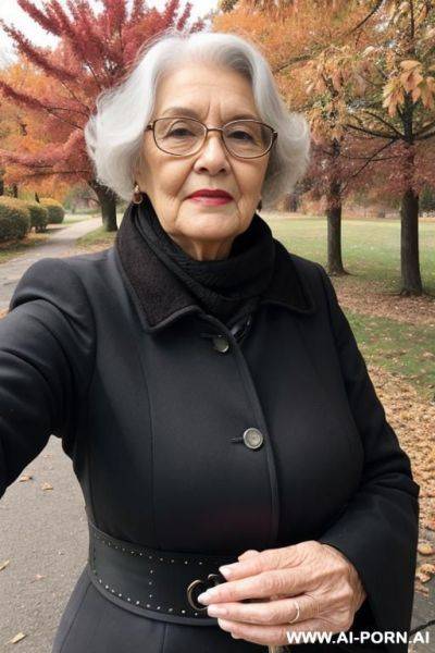 Autumn weather old lady making selfies - ai-porn.ai on pornintellect.com