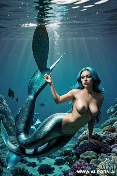 Very beautiful mermaid (half woman half fish) (large fish tail instead of legs), large graceful fish tail, perfect beautiful face, very long hair, big sexy eyes (large eye shape), beautiful curvy - ai-porn.ai on pornintellect.com