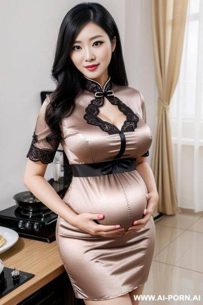Chinese woman, ((detailed face)), black hair, pregnant, wearing a dress, indoors setting - ai-porn.ai - China on pornintellect.com