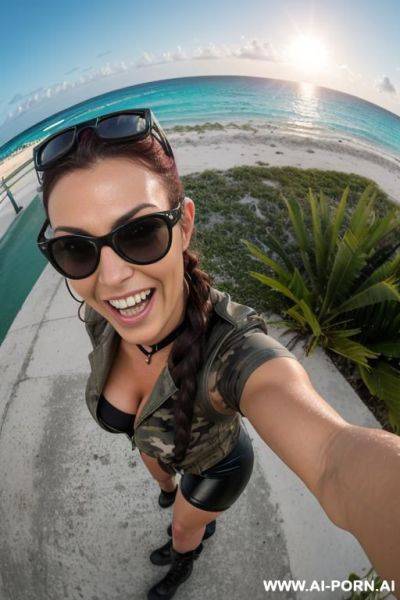 Mom biker beauty face hot turkish view fish eye lens ground level shot squating looking loving headscarft stacking hand on handlebar wet hair punk pixie muscle fit sunglasses boobs massive tight - ai-porn.ai - Turkey on pornintellect.com