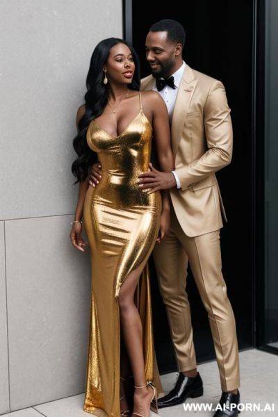 5 woman, dressed in long, tight, goldy dress hugged by black man - ai-porn.ai on pornintellect.com