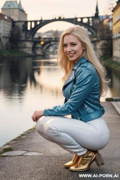 Beautiful woman, czech, blonde, medium hight, mid 20s, long hair, natural boobs, natural big ass, old czech city and river in background, light blue leather jacket, white leather pants, snow on ground - ai-porn.ai - Czech Republic on pornintellect.com