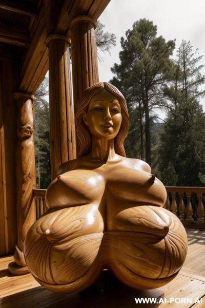 Extremely rough wooden of nude statue, ornate artwork, pine wood, (((((enormous oversized gigantic saggy breasts))))), totally nude, entirely naked, topless, braless, exposed breasts, visible pussy, full body view, thick, broad shoulders, - ai-porn.ai on pornintellect.com