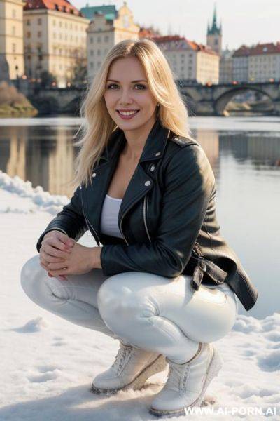 Beautiful woman, czech, blonde, medium hight, mid 20s, long hair, natural boobs, natural big ass, old czech city and river in background, light blue leather jacket, white leather pants, snow on ground - ai-porn.ai - Czech Republic on pornintellect.com