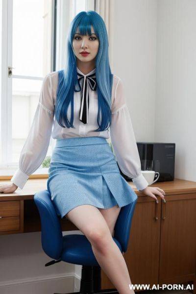 Sister, with blue hair, white blouse and blue skirt, sitting on a chair - ai-porn.ai on pornintellect.com