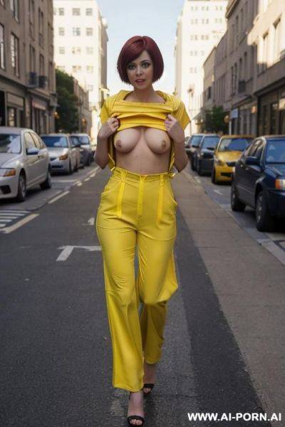 Wearing topless yellow jumpsuit, bright blue eyes - ai-porn.ai on pornintellect.com