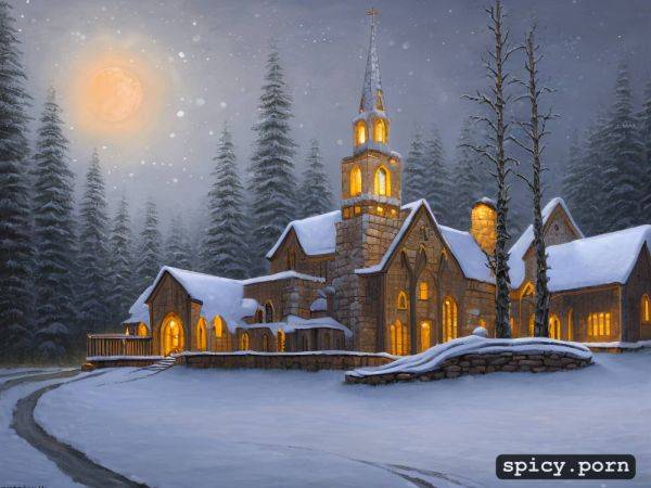 On a beautiful snowy night, thomas kinkade style painting of a beautiful small church in the middle of an enchanted forest - spicy.porn on pornintellect.com