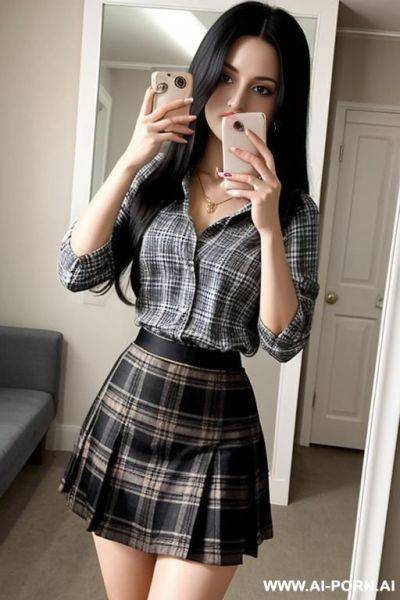 Woman long hair short plaid skirt tight blouse selfie photo in the mirror - ai-porn.ai on pornintellect.com