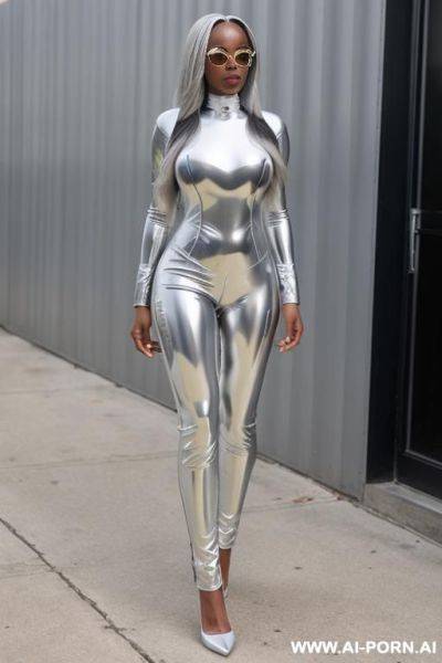 African-american, long silver hair, silver pvc catsuit - ai-porn.ai - Usa on pornintellect.com