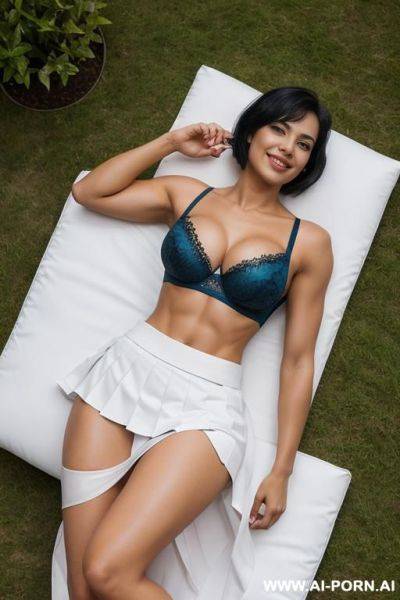 Indians, short bobcut hair, fit, abs, big ass, arms up, muscular arms, navel piercing, blue bra, white satin pleat skirt, tall, full body, looking at camera, stiletto, lying on side, in garden, 3 women - ai-porn.ai - India on pornintellect.com