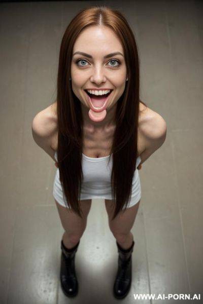 Natural white woman. long hair, excited loud laugh, ((looking up)), ((very big distant eyes with eyebags)), ((extra wide mouth, wide smile)), ((((wide smiling with opening mouth,)))), ((short extra - ai-porn.ai on pornintellect.com