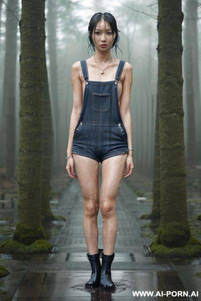 ((scared wet japan woman), ((naked)), ((overalls)), ((wet hair)), (hair ribbon), ((looking at the camera)), ((eyes contact)), full body view, (pussy visible), (hairy pussy), (boobs visible), ((no - ai-porn.ai - Japan on pornintellect.com