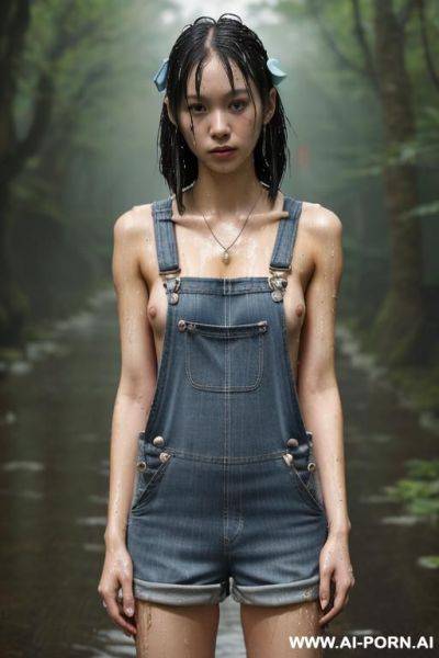 ((scared wet japan woman), ((naked)), ((ripped overalls)), ((wet hair)), (hair ribbon), ((looking at the camera)), ((eyes contact)), full body view, (pussy visible), (hairy pussy), (boobs visible), ((no - ai-porn.ai - Japan on pornintellect.com