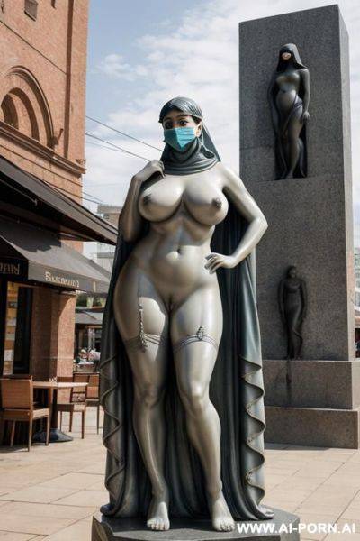 Crimman stone of nude statue, at front of restaurant, giant on top of pedestal, (((gigantic saggy massive oversized enormous tits))), detailed stone art, busy restaurant in background, solid veil, mask covering face, - ai-porn.ai on pornintellect.com