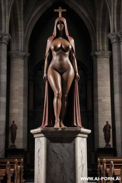 Dark red rough stone of nude statue, at pulpit of church, giant on top of pedestal, (((gigantic saggy massive oversized enormous tits))), simple stone art, busy church in background, solid veil, faceless, totally nude, entirely naked, - ai-porn.ai on pornintellect.com