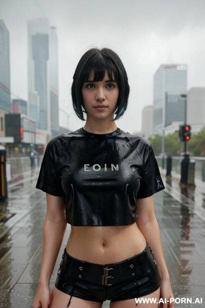 Cyberpunk city, (rain), (wet), (t-shirt), medium hair - ai-porn.ai on pornintellect.com