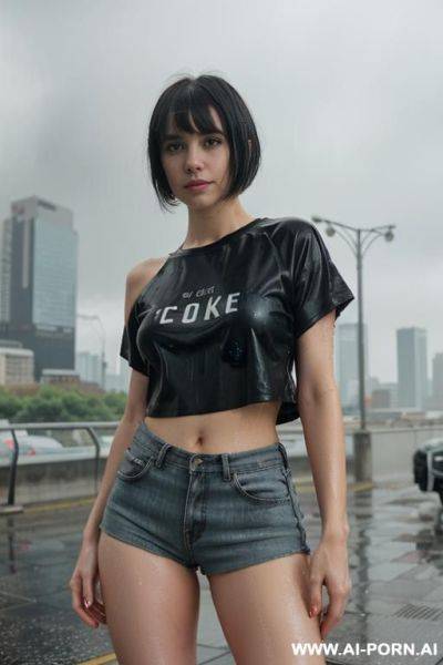 Cyberpunk city, (rain), (wet), (t-shirt), medium hair, short shorts - ai-porn.ai on pornintellect.com