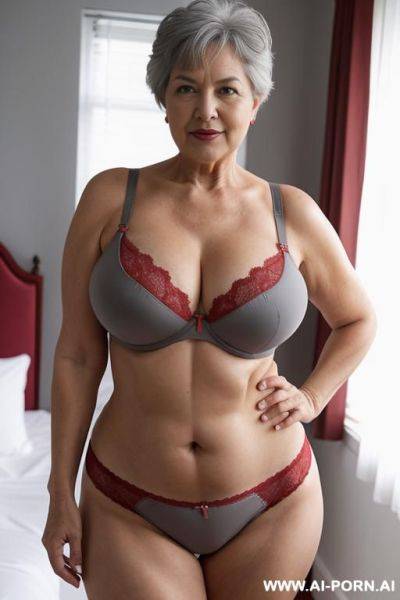 0-year-old grandmother, full body, standing, lady, short gray hair, clearly visible age marks, triangular hips, thick thighs, wearing red panties and bra, double bedroom - ai-porn.ai on pornintellect.com