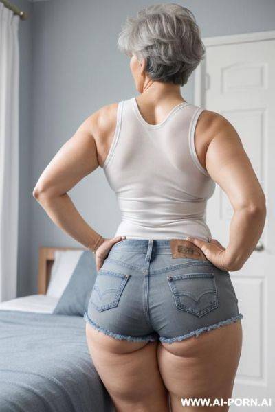 Back view, 0-year-old grandmother, full body, standing, lady, short gray hair, clearly visible age marks, triangular hips, thick thighs, wearing blue denim shorts and a white tank top, double bedroom - ai-porn.ai on pornintellect.com