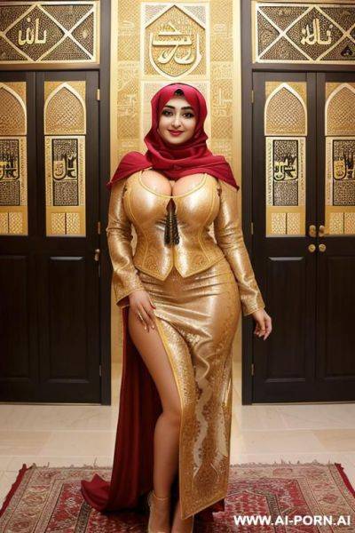 Smiling curvy russian busty with huge boobs wearing hijab fully naked standing - ai-porn.ai - Russia on pornintellect.com