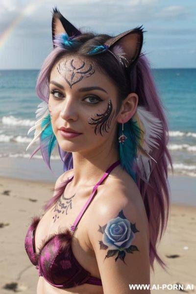 Face, sexy, beautiful, ((face painting)), ((bikini as seashell)), ((tattoo roses)), ((eyes shw)), ((angel wings)), ((rainbow hair)), ((long bu hair)), ((wind)), (( cat face)), (( cat ears)), (((feather earrings)), neckless, full view, wide angle view - ai-porn.ai on pornintellect.com