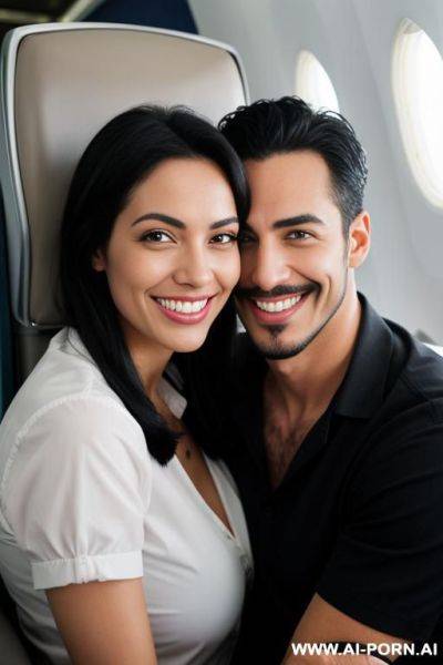 A man in a plane smiling for the camera, smile, shirt, black hair, teeth, grin, facial hair, watch, wristwatch, masterbation - ai-porn.ai on pornintellect.com