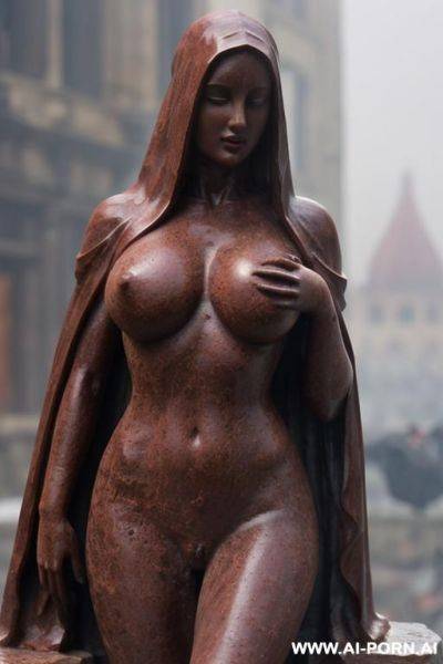 (((dark red rough stone of nude statue))), cape, (((beautiful tits))), simple stone art, solid veil, faceless, totally nude, entirely naked, very spread pussy, thick, wide shoulders, extremely detailed - ai-porn.ai on pornintellect.com
