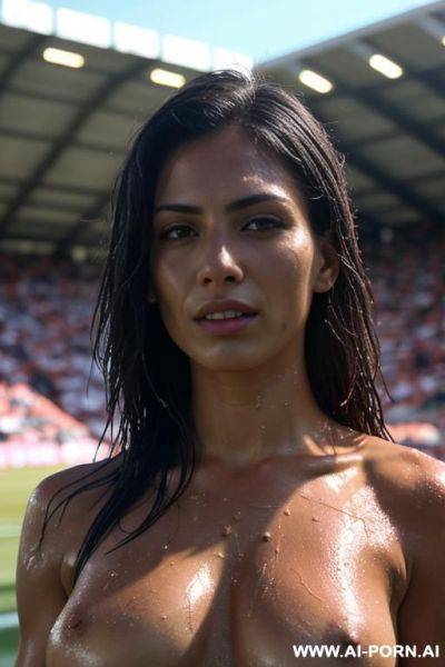 Soccer stadium, (topless), argentinan soccer short, wet skin, crowd of people - ai-porn.ai on pornintellect.com