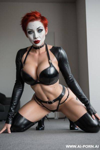 Fit woman wearing a lewd clown suit who has red hair (pixie cut), lewd skirt, piercings, black leather, play, big ass, ruined makeup, runny mascara, tears, buttplug, bdsm, on all fours presenting her ass, buttplug, buttplug - ai-porn.ai on pornintellect.com