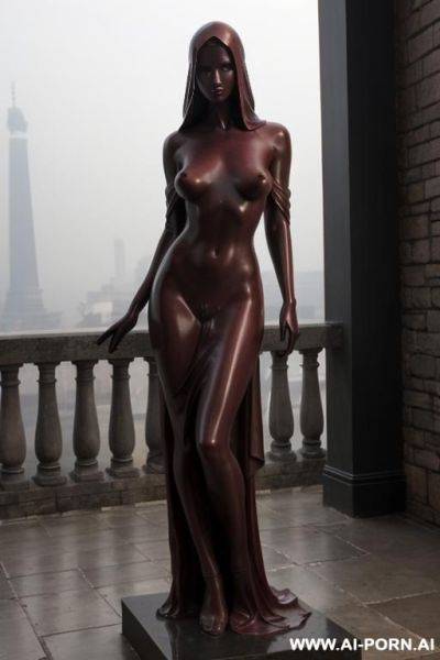 (((dark red rough stone of nude statue))), (((beautiful tits))), simple stone art, solid veil, faceless, totally nude, entirely naked, wide shoulders, extremely detailed and hairy pussy, (old city), smog and soot in background, - ai-porn.ai on pornintellect.com