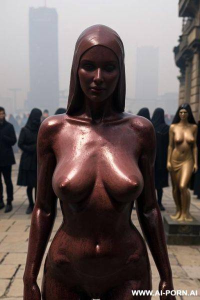 (((dark red rough stone of nude statue))), (((beautiful tits))), simple stone art, solid veil, faceless, totally nude, entirely naked, wide shoulders, extremely detailed and hairy vagina, (old city), pollution, smog and soot in background, - ai-porn.ai on pornintellect.com