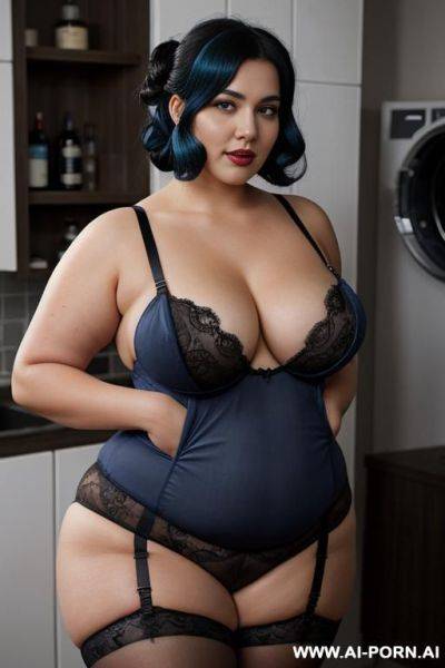 Half body photo shot, in the laundry room, washing their clothes, very chubby fat bbw, very thick and very fat, with lovehandless and big tummy, wearing a sexy and hot gray garter belt lingeries, she is the most beautiful mom - ai-porn.ai on pornintellect.com