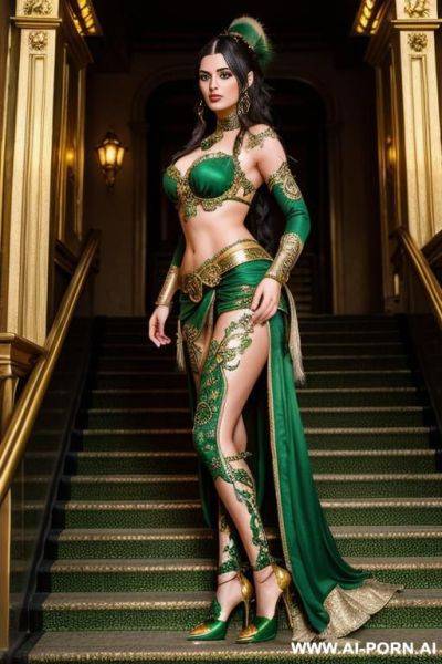 The image shows a fantasy character, a woman, dressed in a detailed, ornate with a green and gold color scheme, standing on an ornate staircase.hairy pussy - ai-porn.ai on pornintellect.com