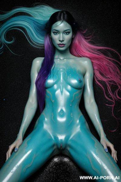 Fantasy, fantasy cosmic monster woman, fantasy cosmic creature, semi liquid cosmic woman, whole body made of colourful cosmic semi liquid, completely naked, dripping cosmic semi liquid from her whole - ai-porn.ai on pornintellect.com