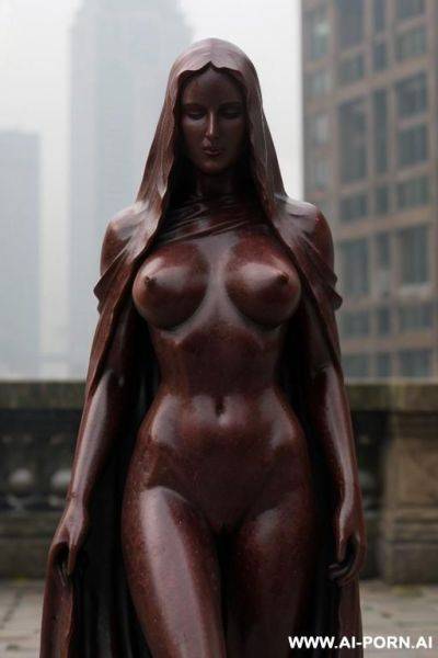 (((dark red rough stone of nude statue))), (((beautiful tits))), simple stone art, solid veil, faceless, totally nude, entirely naked, wide shoulders, extremely detailed and hairy pussy, (old city), smog and soot in background, - ai-porn.ai on pornintellect.com