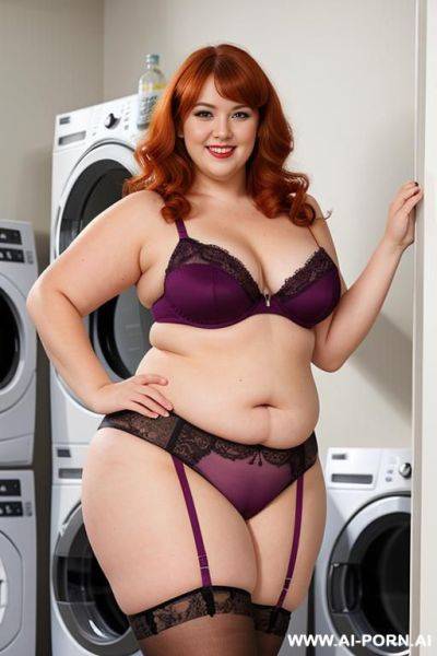 Half body photo shot, in the laundry room, washing their clothes, chubby fat bbw, very thick, with lovehandless and tummy, wearing a sexy and hot magenta lace stocking lingeries, she is the most mom - ai-porn.ai on pornintellect.com