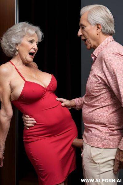 A granny in a tight dress is groped on the breast by a guy who approaches her from behind pushing his pelvis on her butt, her face is shocked but excited - ai-porn.ai on pornintellect.com