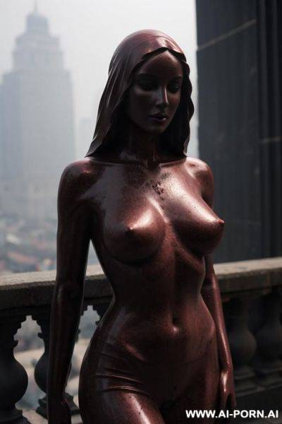 (((dark red rough stone of nude statue))), ((beautiful tits)), simple stone art, solid veil, faceless, totally nude, entirely naked, wide shoulders, extremely detailed and hairy pussy, (old city), smog and soot in background, - ai-porn.ai on pornintellect.com