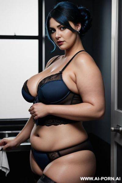 Half body photo shot, in the laundry room, washing their clothes, very chubby fat bbw, very thick and very fat, with lovehandless and big tummy, wearing a sexy and hot gray garter belt lingeries, she is the most beautiful mom - ai-porn.ai on pornintellect.com