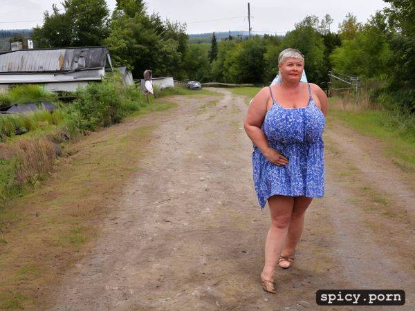 Mage huge floppy saggy breasts on very fat russian mature woman with large hairy cunt fat stupid cute face with much makeup and small nose semi short hair standing straight in siberian town sidewalk gigantic floppy tits worn out woman style very fat - spicy.porn - Russia on pornintellect.com