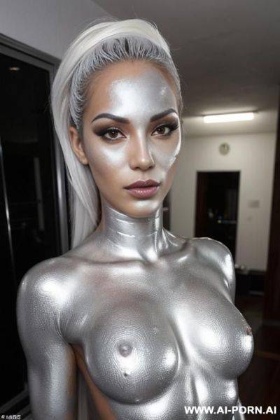 Gorgeous brazilian bimbos completely covered in silver bodypaint, ((woman with dicks)) full body view - ai-porn.ai - Brazil on pornintellect.com