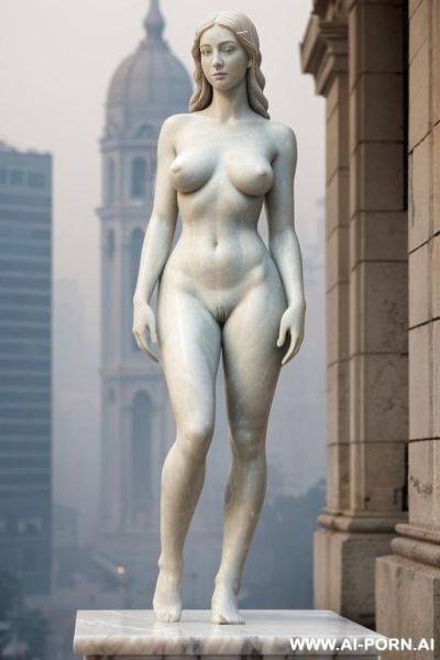 ((real marble of nude statue)), ((beautiful tits)), simple stone art, faceless, totally nude, entirely naked, wide shoulders, extremely detailed and pubic hairy pussy, (old city), smog and soot in background, - ai-porn.ai on pornintellect.com