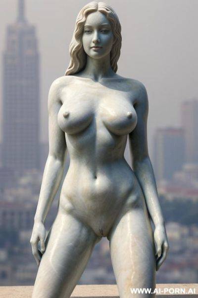 ((real marble of nude statue)), ((beautiful tits)), simple stone art, faceless, totally nude, entirely naked, wide shoulders, ((extremely detailed and very hairy pussy)), ((cameltoe pussy)), (old city), smog and soot in background, - ai-porn.ai on pornintellect.com