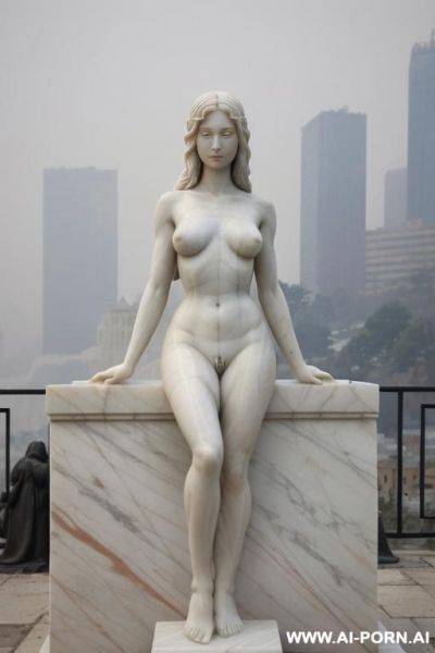 ((real marble of nude statue)), ((beautiful tits)), simple stone art, faceless, totally nude, entirely naked, wide shoulders, extremely detailed and pussy hair, (old city), smog and soot in background, - ai-porn.ai on pornintellect.com