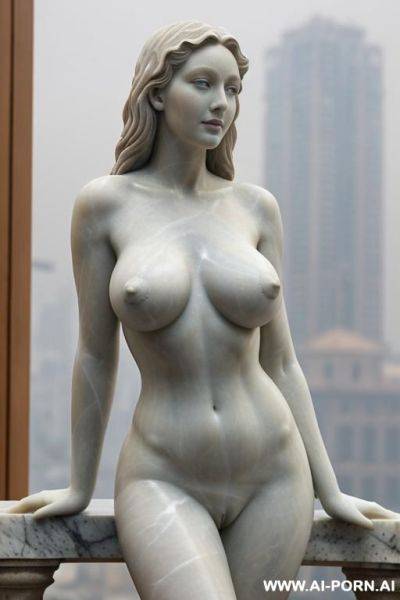 ((real marble of nude statue)), ((beautiful tits)), simple stone art, faceless, totally nude, entirely naked, wide shoulders, extremely detailed and trimmed pubic hair pussy, (old city), smog and soot in background, - ai-porn.ai on pornintellect.com