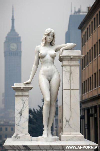 ((real marble of nude statue)), ((beautiful tits)), simple stone art, faceless, totally nude, entirely naked, wide shoulders, extremely detailed and trimmed pubic hairy pussy, (old city), smog and soot in background, - ai-porn.ai on pornintellect.com